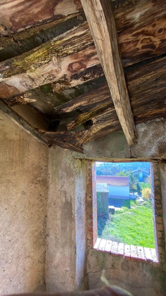 Deatil showing water damage to hallway roof