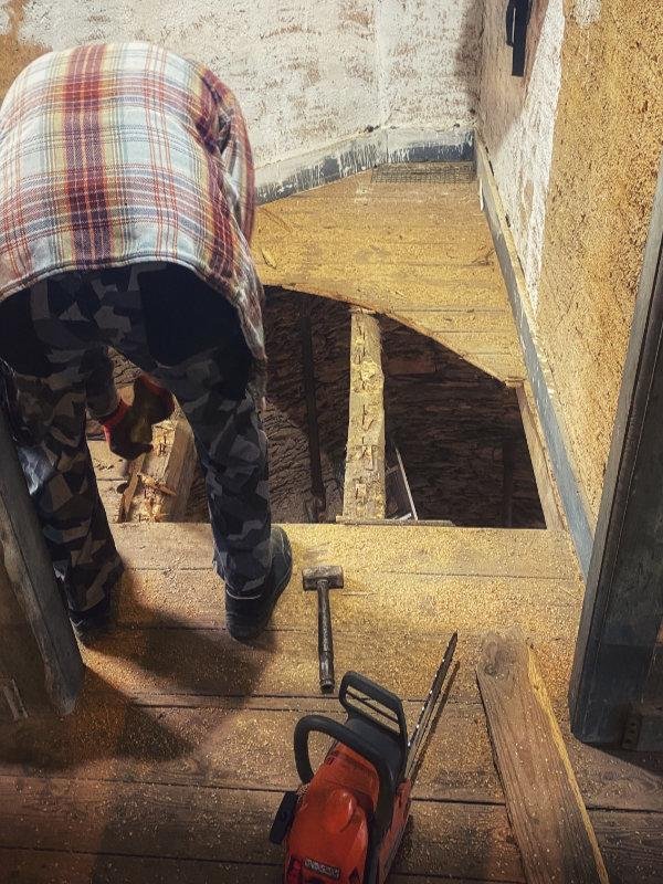 Cutting away the floor for the circular stairs